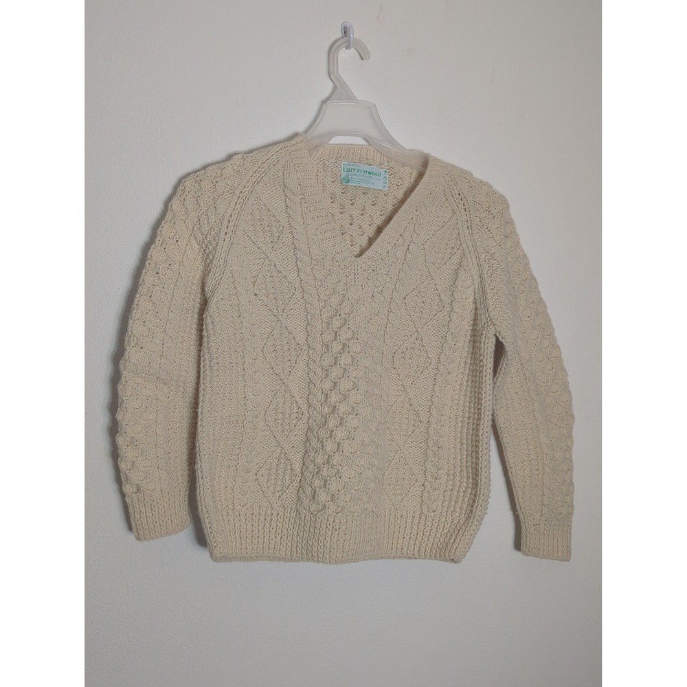 Kelly Knitwear Handknit Aran Wool Sweater V-Neck Cream Ireland Vintage Women